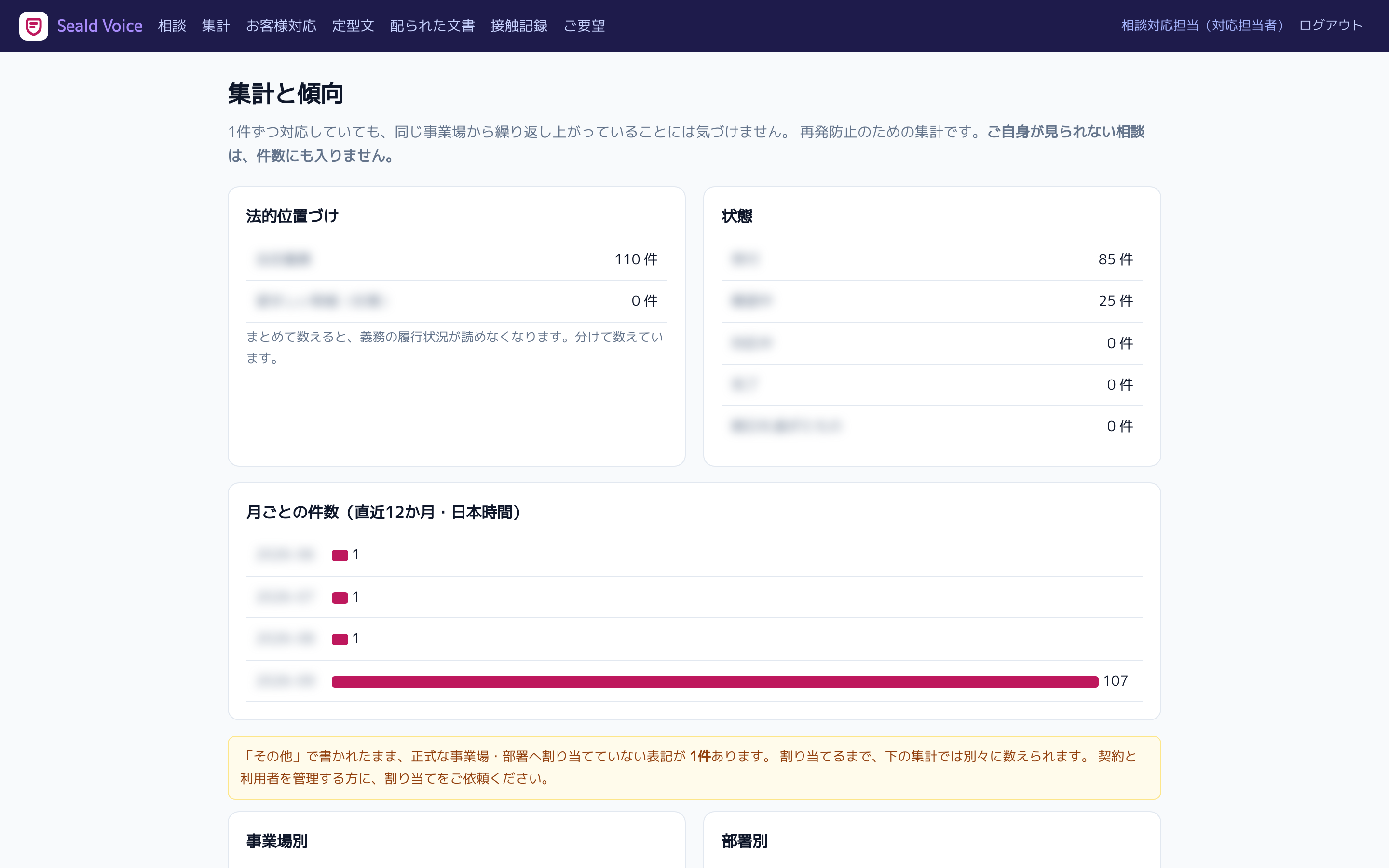Seald Voiceの画面：件数と傾向を、記録から集計します